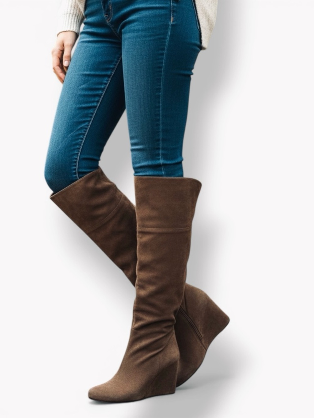 STEVE MADDEN Parralel Suede Leather Taupe Brown Over the Knee Wedge Boots